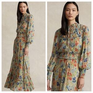 NEW Polo Ralph Lauren Georgette Floral Print Blouson Long Sleeve Maxi Dress 6
